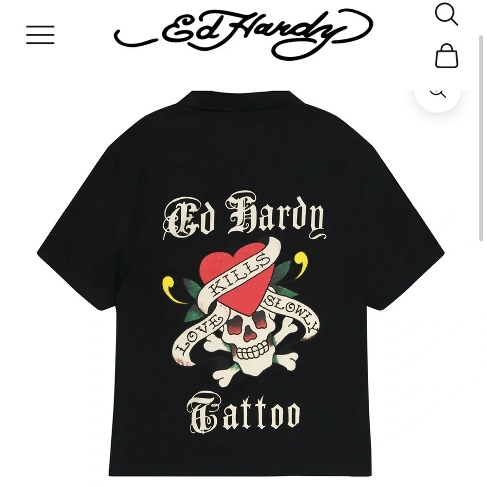 Ed Hardy Love Kills Slowly Woven Black Short Sleeve Button Up Camp Shirt XL - Picture 8 of 15